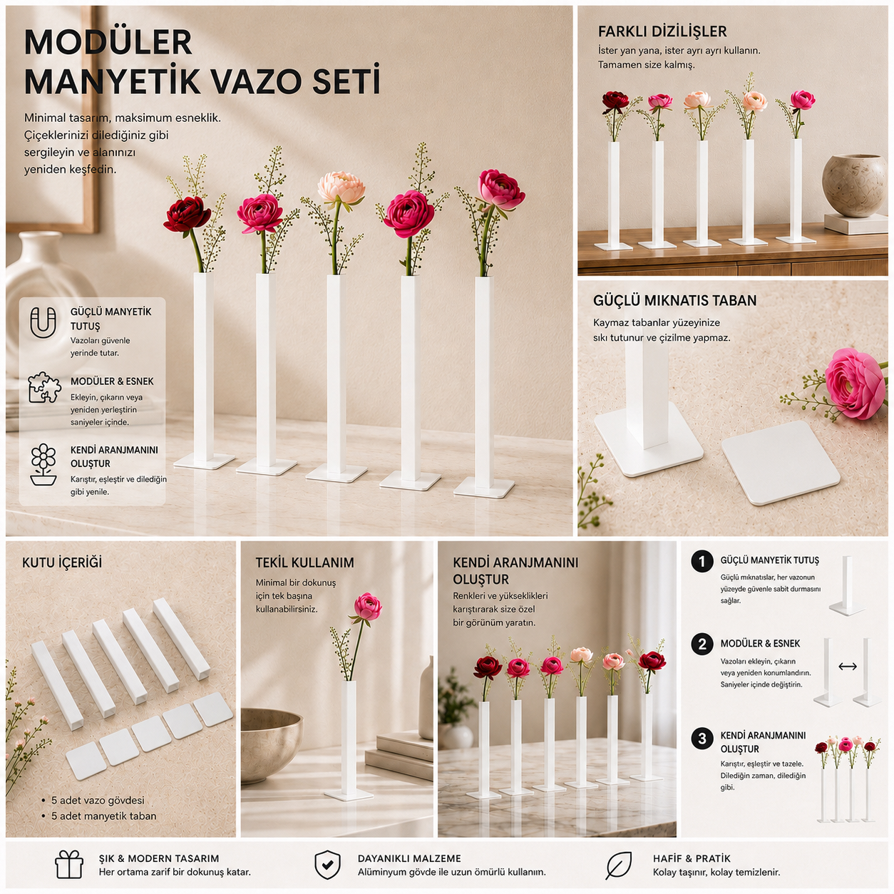 Masabloom Beyaz Minimalist Vazo  5'li Set