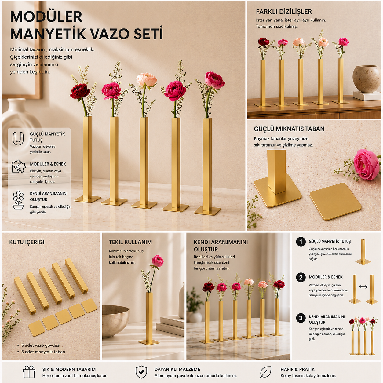 Masabloom Gold Minimalist Vazo  5'li Set
