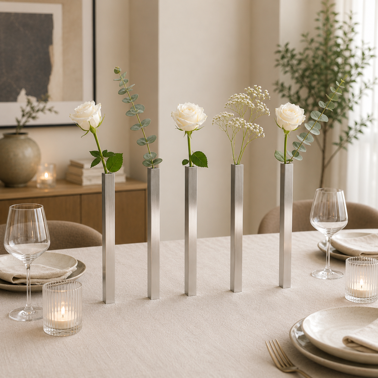 Masabloom Gümüş Minimalist Vazo  5'li Set