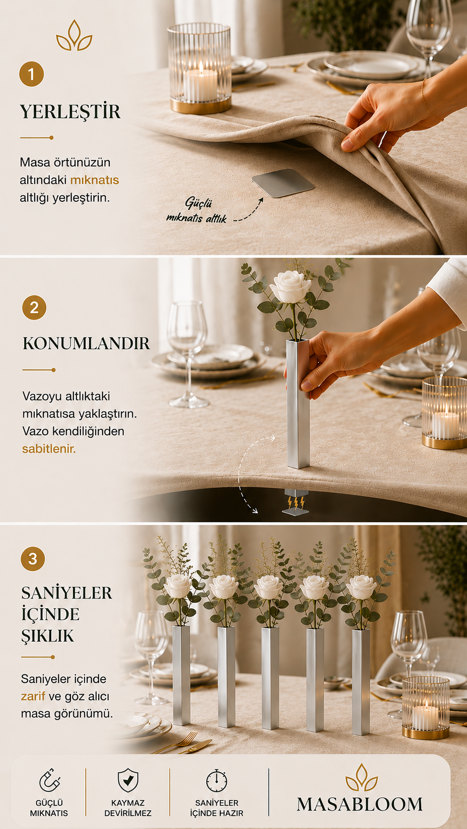 Masabloom Gümüş Minimalist Vazo  5'li Set