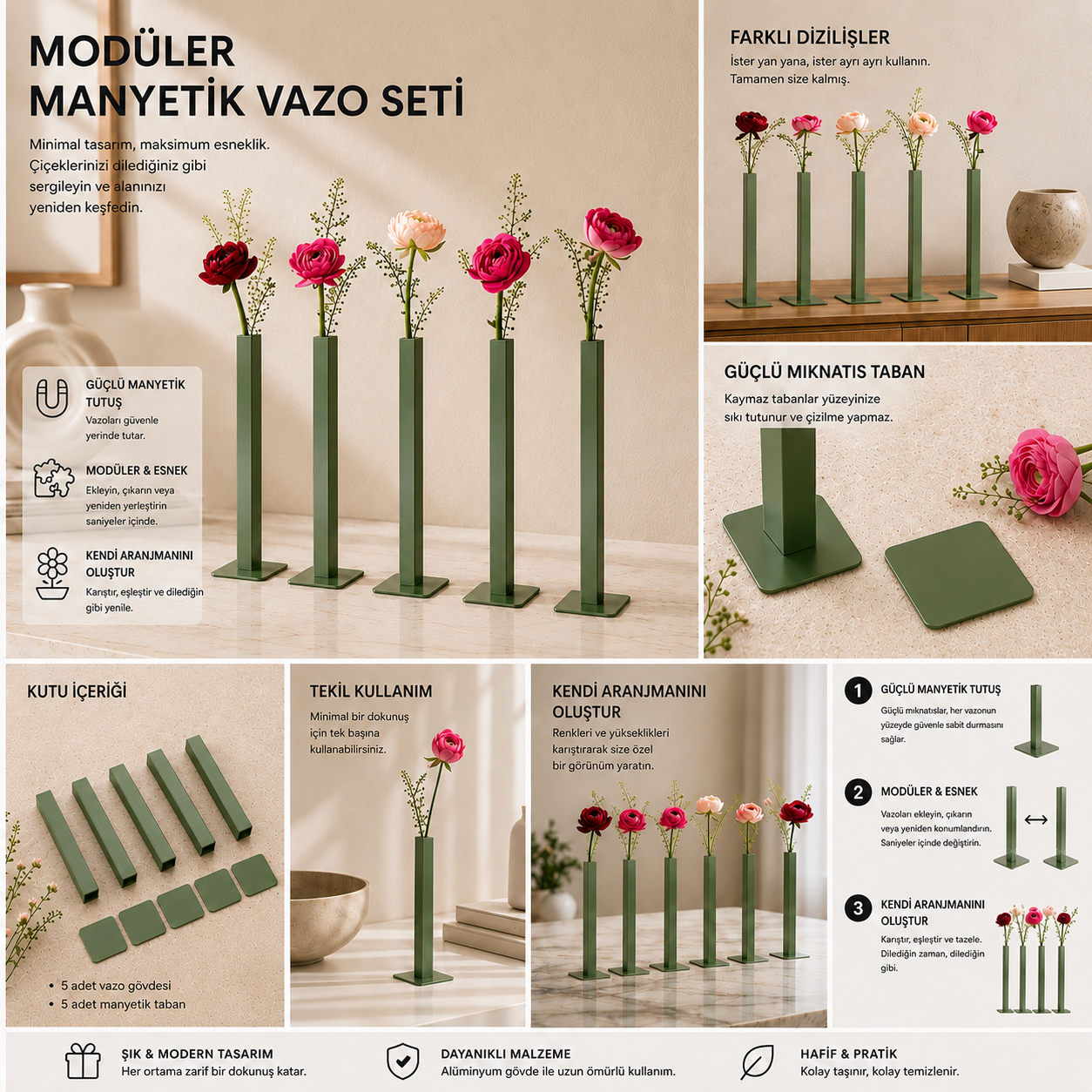 Masabloom Yeşil Minimalist Vazo  5'li Set